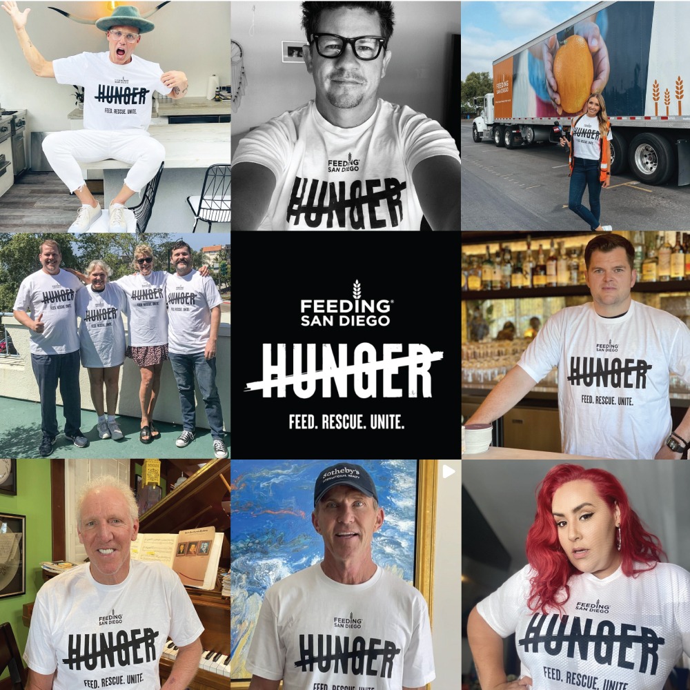 Collage of local celebrities posing in Feeding San Diego Cross Out Hunger tshirt