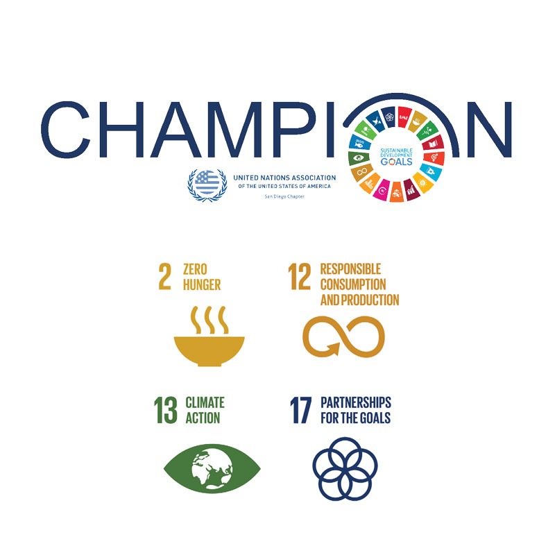 UN SDGs Champion Seal and icons for Sustainable Development Goals (SDGs): Zero Hunger (SDG 2), Sustainable Cities and Communities (SDG 11), Responsible Consumption and Production (SDG 12), Climate Action (SDG 13), and Partnerships (SDG 17).
