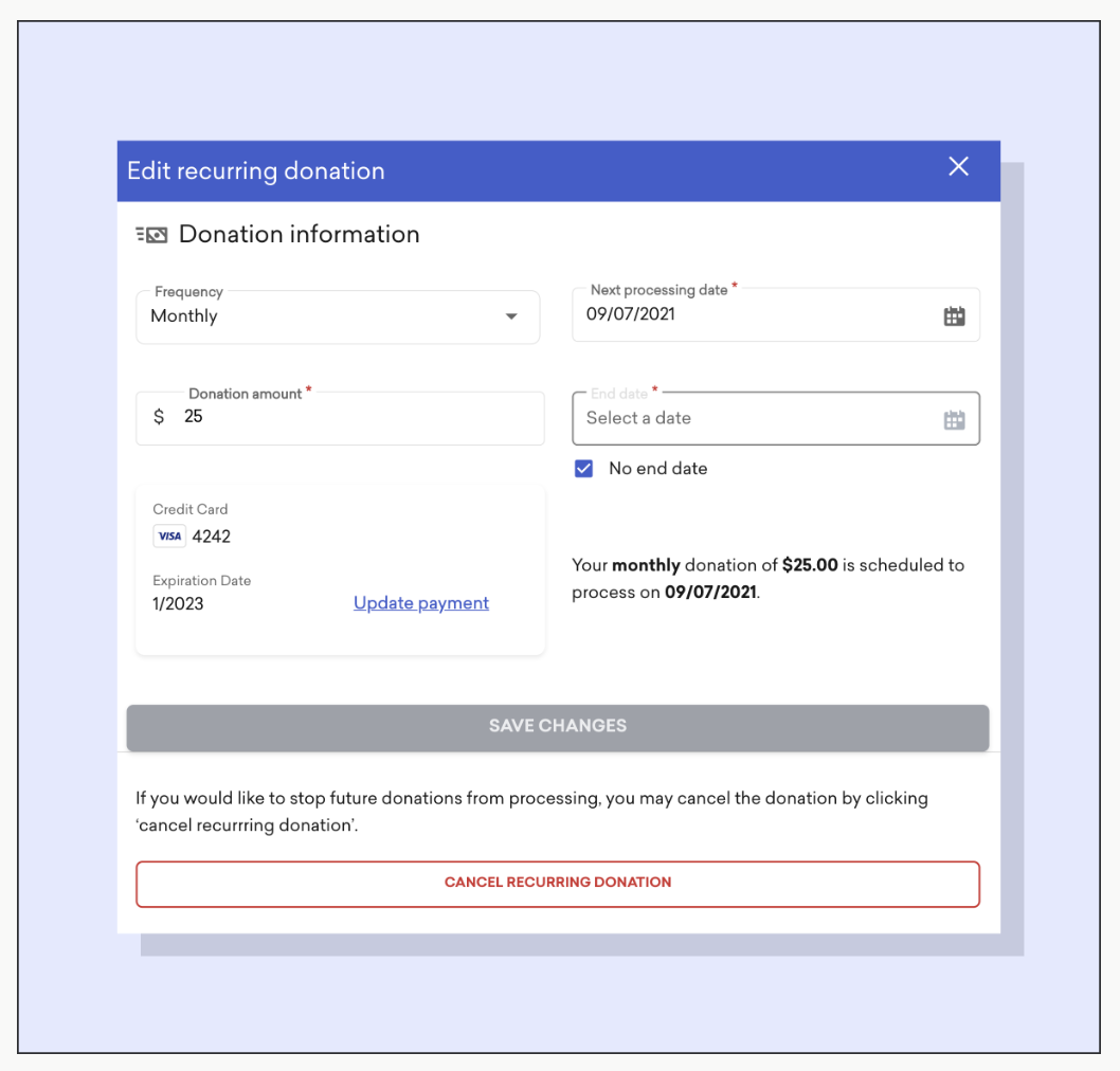 Screenshot of recurring donation