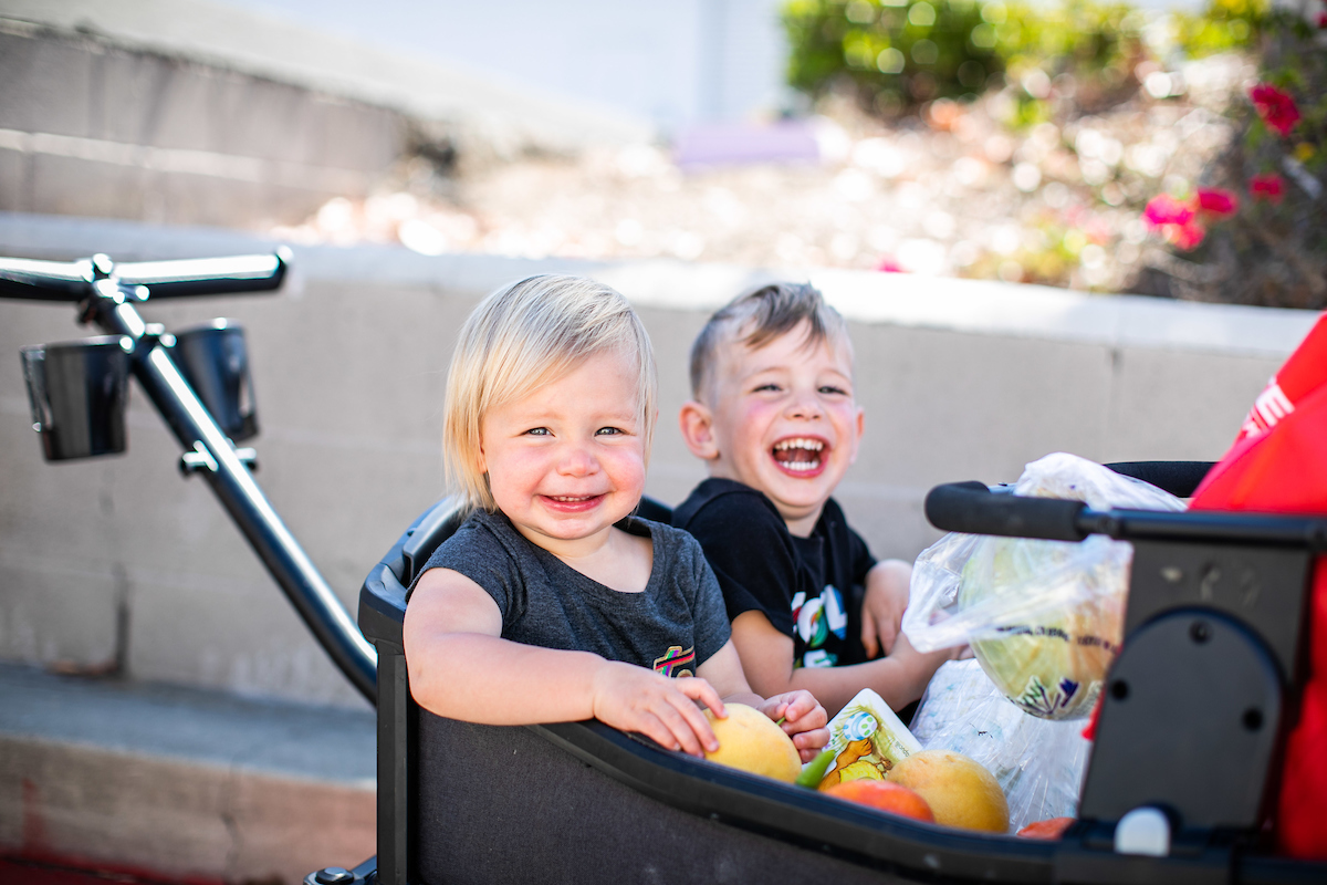 Two boys in wagon with fresh produce