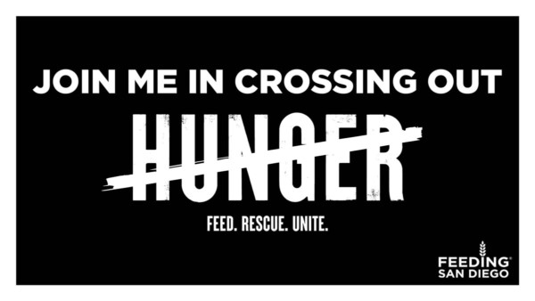 Twitter graphic reading "Join Me in Crossing Out Hunger. Feed. Rescue. Unite." with Feeding San Diego logo in the bottom right corner