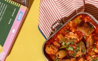 Prepared meal on tablecloth