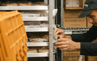 A man in a Starbucks uniform checks surplus food for donation
