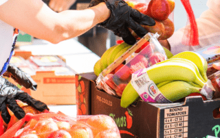 Hands placing produce into a box with other fruit