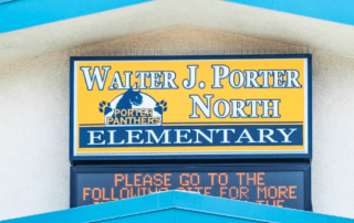 A building with a sign reading "Walter J. Porter North Elementary"