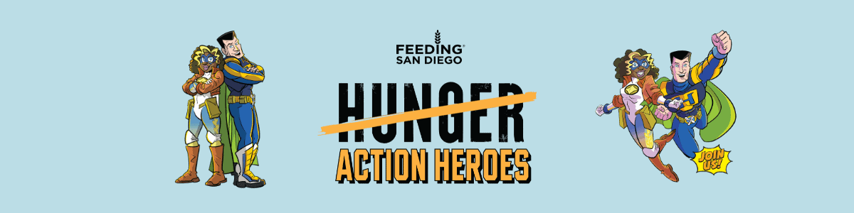 Hunger Action Heroes logo and drawings of heroes