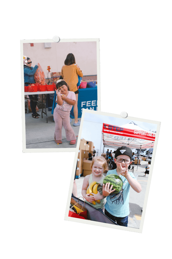 Two photos of kids holding fresh fruit at Feeding San Diego school pantries