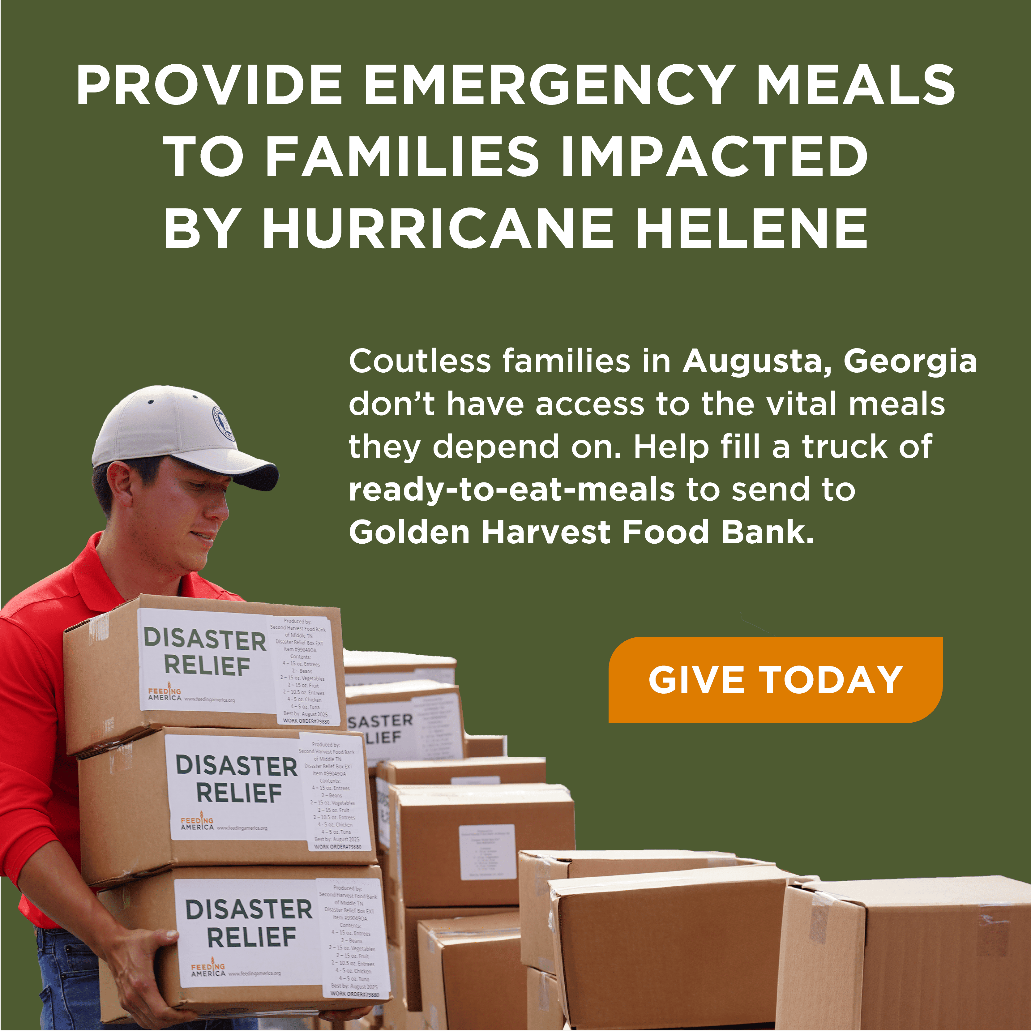 Man carrying boxes that say disaster relief with text saying "provide emergency meals to families impacted by hurricane helene."