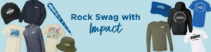 A collage of different merch items from Feeding San Diego surrounding text that says "Rock Swag with Impact"