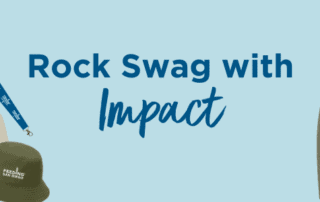 A collage of different merch items from Feeding San Diego surrounding text that says "Rock Swag with Impact"