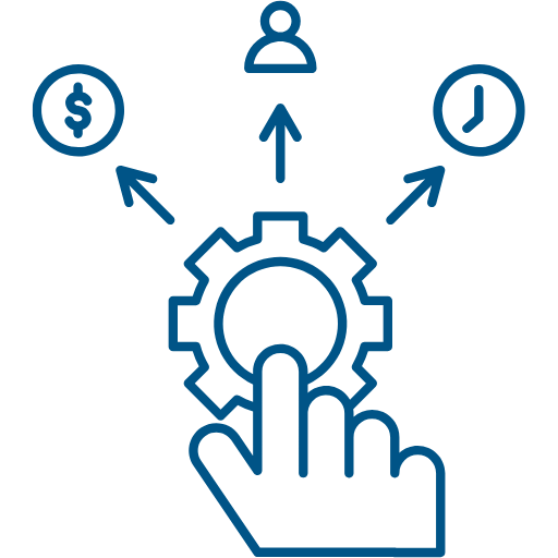 icon of a finger clicking on a gear with arrows pointing at a coin, a person, and a clock