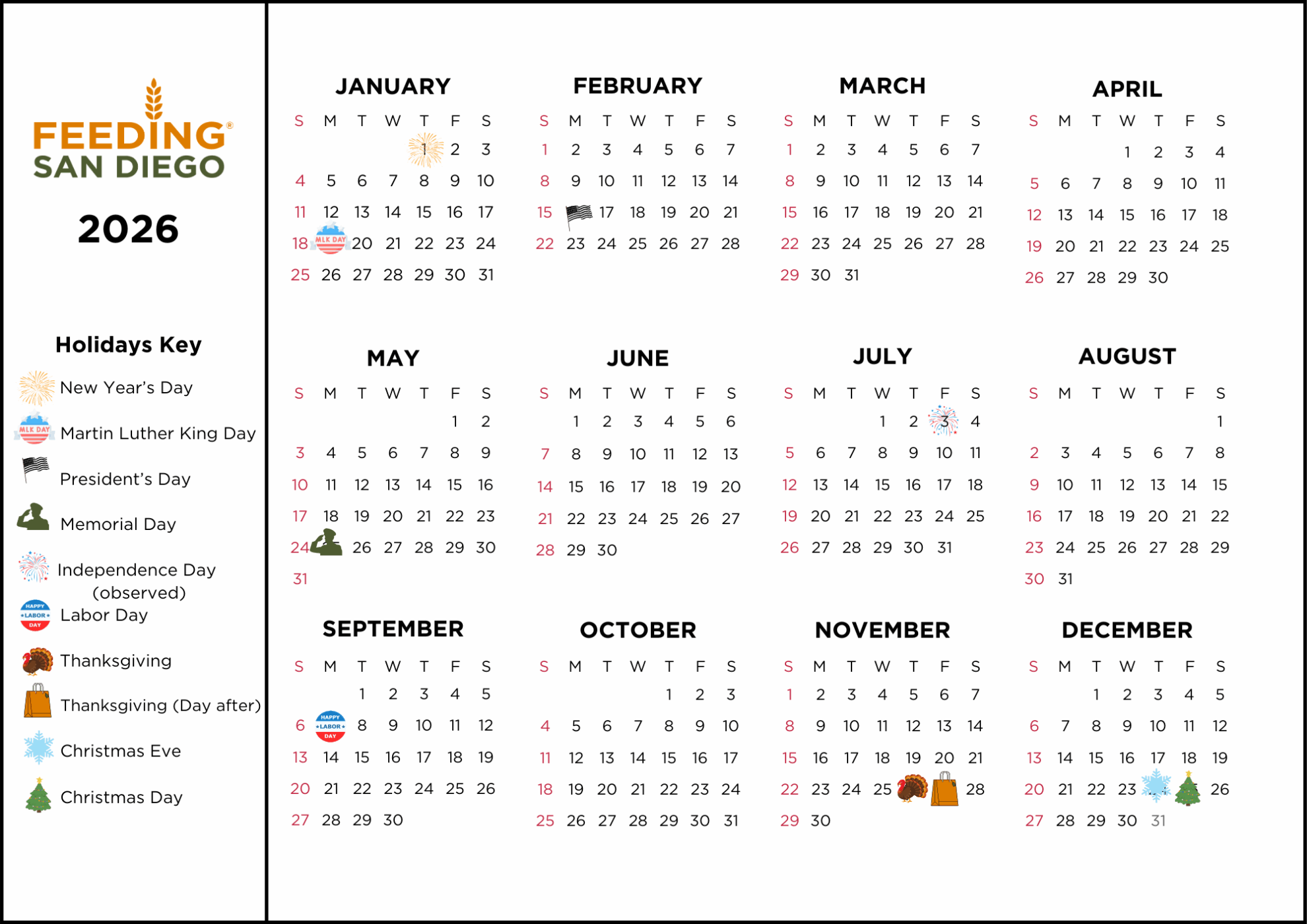 Calendar with Feeding San Diego's holidays